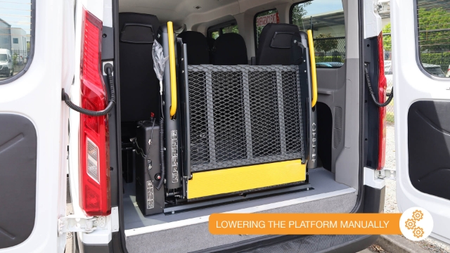 <p>When the hoist is stowed away or at van floor level – follow steps 7-9 to lower the platform manually.</p>