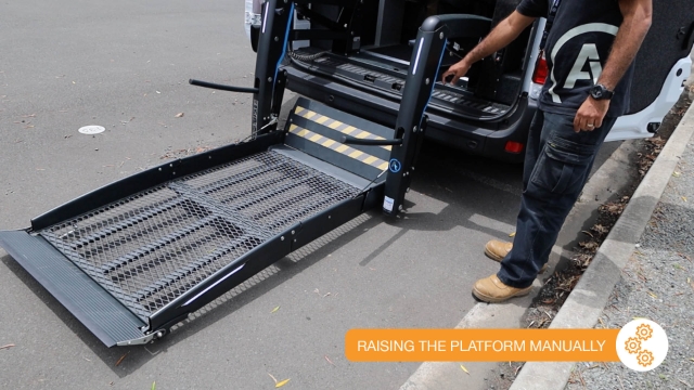 <p>When the hoist is fully opened onto the ground – follow steps 3-5 to raise the platform manually.</p>