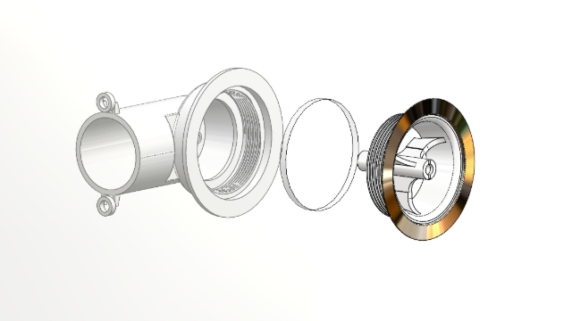 <h1>STEP 4</h1><p>Position the suction elbow behind the tub, aligned with the hole.<br></p><p>Insert the wall flange with mounting trim into the hole from inside the tub.<br></p><p>Screw the wall flange into the jet body. </p>