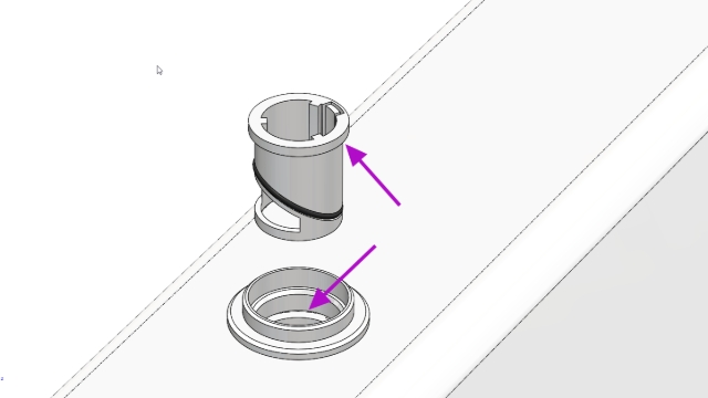 <h1>STEP 4</h1><p></p><p>Fit the new centre with o-ring supplied.</p><p></p><p>Locate the centre in the body as shown.</p><p></p><p>There is a hook on the side of the tang on the centre, this hook needs to line up and engage in the slot in the body</p><p></p><p>Push the centre down untill you feel the hook clip in place.</p><p></p><p></p><blockquote><p>Check the oring is well lubricated - use MX22 Silicone grease.</p></blockquote><p></p><blockquote><p>It is important that the tang hook locates in the slot in the body.</p></blockquote><p></p>