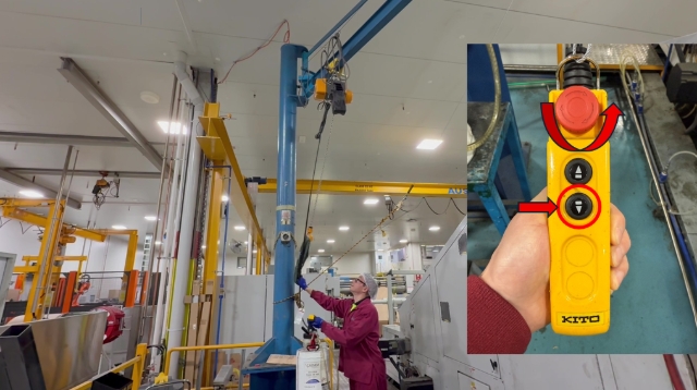 <p>Lower down the gantry so that you can reach it, by:</p><p></p><ol><li><p>Release the E-stop on the remote control if it's pushed.</p></li><li><p>Press the downwards button.</p></li></ol><p></p>