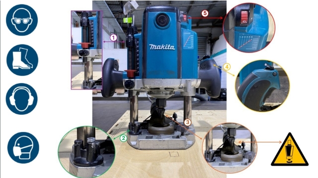 <ol><li><p>Depth Adjustment.<br>&nbsp; Wind up or down to set Depth</p></li><li><p>Depth Adjustment Quick Change.<br>&nbsp; &nbsp;Rotate to one of three set positions</p></li><li><p>Router Bit.<br>&nbsp; &nbsp; Bit to suit desired cut</p></li><li><p>Trigger and Trigger Lock.<br>&nbsp; &nbsp; &nbsp;Press trigger with fore finger to             start router. Press Trigger lock on         the top of handle with thumb to             keep router running. Press trigger         again to release the trigger lock.  </p></li><li><p>RPM Adjustment.<br>&nbsp; &nbsp; &nbsp; Speed Control                                           Rotate to control RPM&nbsp;</p></li></ol><p></p>