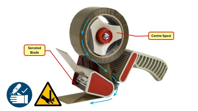 <p><strong>Load the Tape Gun:</strong></p><ul><li><p>Place a roll of packaging tape over the centre spool.</p></li><li><p>Feed the tape around the rubber press roller as indicated by the blue arrows.</p></li><li><p>The sticky side of the tape must face outwards</p></li></ul><p><strong><em>Note:</em></strong><em> Beware of the sharp serrated blade. Wear cut resistant gloves. Tape tension is adjusted by twisting the knob on the centre spool.</em></p>