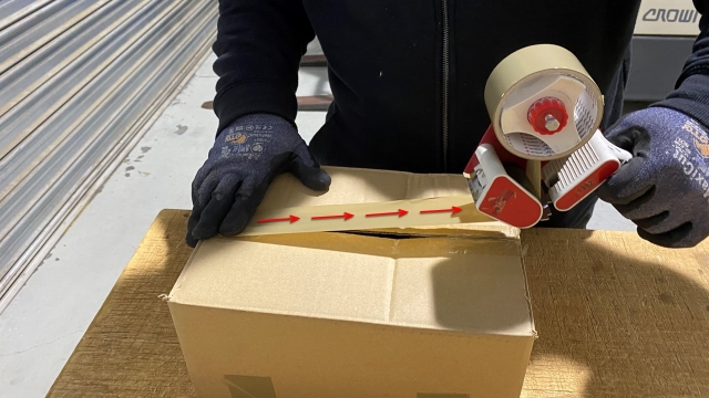 <p><strong>Apply tape:</strong></p><ul><li><p>Pull the tape gun along the length of the carton join in a smooth motion applying downward pressure.</p></li></ul><p></p>