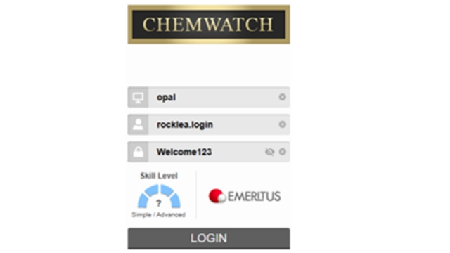<p>To log in to Chemwatch, click on the Chemwatch Icon on the compuer Desktop. Type opal in the top 'Account' field, rocklea.login for the log in and then Welcome123 for the password (ensure you use upper case/capital for the W).</p>
