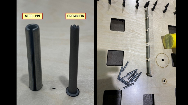<p>Insert steel pins to the male using a hammer.</p><p>If using crown pins use a rubber mallet.</p>