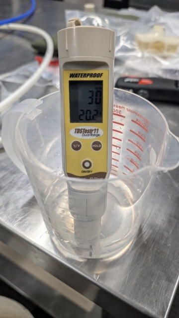 <ol><li><p>After 10 minutes, take a sample of water (100-200ml) and test the TDS<br><br>The TDS will likely be 20ppm + 5-10% of the incoming TDS<br><br>E.G. The incoming TDS is 200ppm, 5% is 10ppm plus 20ppm (this is coming from the 4CC Mineral cartridge)</p></li><li><p>If the TDS is still high, continue flushing the membrane. <br><br>You should see a stable TDS for 5-10 minutes to ensure the membrane is saturated and working efficiently. </p></li></ol><p></p>