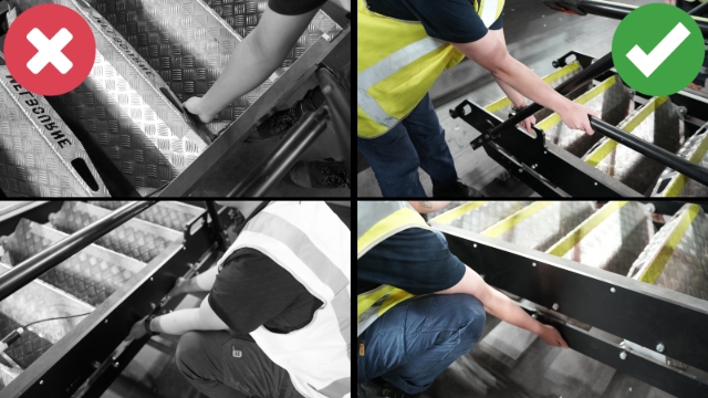 <h1>Pro Tip: Lift Points</h1><p></p><p>Be sure to keep hands clear of pinch points when moving or lifting stairs.</p><p></p><p>Best places to hold onto or lift from include:</p><ul><li><p>Handrail</p></li><li><p>Bottom bar of side</p></li><li><p>Handle looking hole</p></li></ul><p></p><p></p>