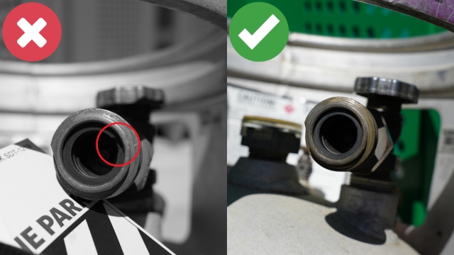 <h1><strong>Check FULL Gas Bottle O-Ring</strong></h1><p></p><p>Check that the O-Ring on the FULL gas bottle is in good condition.</p><p></p><p><strong>Important</strong>: If the O-Ring is<strong> missing </strong>or <strong>damaged</strong>, tag out the gas bottle and notify your supervisor.</p><p></p><p></p><p></p><p></p>