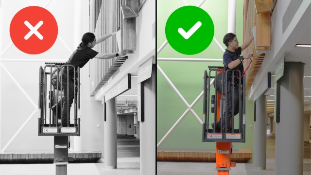 <h2>Good Placement (Positioning)</h2><p></p><p>Place the lifter beside where the work is to be performed.</p><p></p><p>Ensure their is enough space above the lifter to raise it to the required height.</p><p></p><p>Ensure it is close enough that you<strong> DO NOT</strong> need to <strong>lean </strong>over rail to perform work.</p><p></p><p>If you need to lean to perform work, STOP, LOWER and MOVE the lifter closer.</p><p></p>