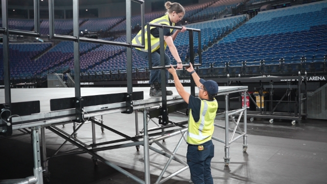 <h1>Roles (Two Person Job)</h1><p></p><p>Installing handrails is a <strong>two person job</strong>.</p><p></p><ul><li><p>One on Floor</p></li><li><p>One on Stage</p></li></ul><p>The floor person unloads the handrail, positions it and pins it in place</p><p></p><p>The stage person will lift and stabilise the handrail during installation.</p><p></p><p></p><p><strong>Important: NEVER install the handrail by yourself.</strong></p>