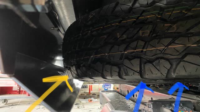<p>Door supports the back of tyre (yellow arrow)</p>
<p>Blue arrow shows, that when correctly fitted, does not sit on any vehicle wiring</p>
