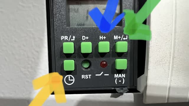 <p>Yellow is the TIMER button.
Blue is the HOURS button.
Green is the MINUTES button.</p>