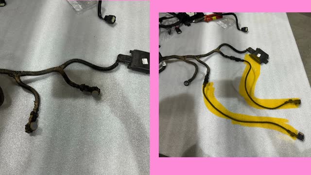 <p>The right hand side photo shows the reversing sensor harness after the sensor extensions have been added</p>