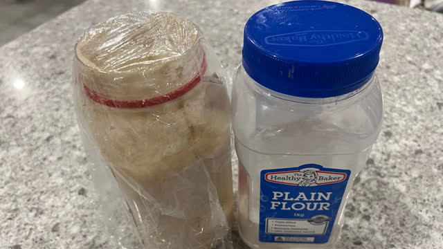 <p>Ingredients:
Sourdough starter
Plain flour
Water</p>