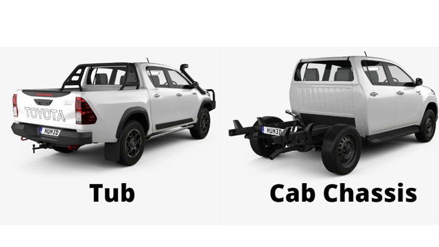 <p><strong>Tub or Cab Chassis?</strong></p>
<ul>
<li><a href="https://knowby.show/6947bda6-c067-4eed-ab40-b8570d07efbb">How to remove the Hilux Tub</a></li>
<li><a href="https://knowby.show/ccdc42a8-2352-48bd-aff8-cfd277c57770">Prep Cab Chassis Vehicle</a></li>
</ul>
