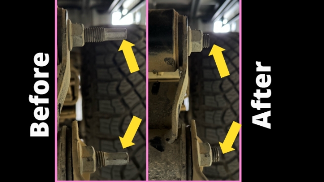<p><strong>Trim Bolts</strong> If rear toolboxes will be fit, <em>it is necessary to trim rear suspension bolts.</em> Photos above, show the drivers side, rear spring fasteners.</p>

