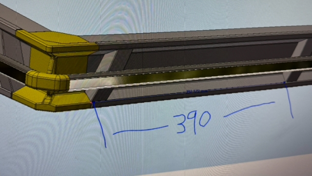 <p>Mark the position of the support pieces on The back of the Tray</p>
<ul>
<li>At side</li>
<li>390mm</li>
</ul>