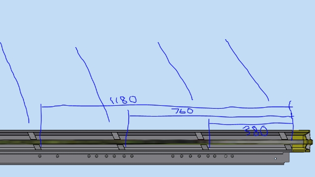 <p>Mark out the position of the support pieces on the sides of the tray. <strong><em>Notice that all of the rope rail support pieces lean forward towards the headboard.</em></strong></p>
<ul>
<li>At back</li>
<li>380mm</li>
<li>760mm</li>
<li>1180mm</li>
</ul>