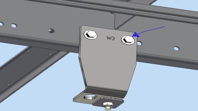 <p>"W3"</p>
<p>Rear Mount, Both sides</p>
<p>Or "W" and also supply 16mm Packers</p>
<p>On older chassis rails, you may need to drill the hole shown with Blue arrow - it has been added to future Chassis Rails</p>
<p>(1767mm from front of 1st mount to front of this mount)</p>
