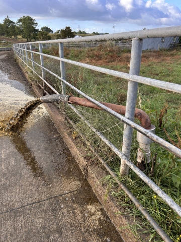 <p>near by there is also a effluent cannon turn this on using the tap at the base directed at the exit race. </p><p>Using the cannon saves on our cowshed water usage it’s important to be sustainable with our water usage we have a 42 cube per day limit </p>