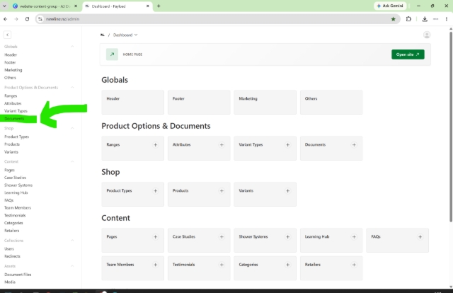 <h1><strong>How to Upload a Document</strong></h1><p></p><p>In this section, you'll learn how to upload, modify or delete a document on the Newline Website.</p><p>On the website, a document is a PDF, Revit, or a DWG File, and they include:</p><p>Spec Sheets, Instruction Manuals, Catalogues, and BPIRs to name a few.</p><p>(Once you upload these documents they will upload dynamically, on the entire website). With the exception of <strong>Shower Systems</strong>, where products need to be uploaded manually (this is on a separate guide on this document). </p><p><strong>On the Dashboard, under Product Options & Documents, click 'Documents'.</strong></p><p></p><p></p>