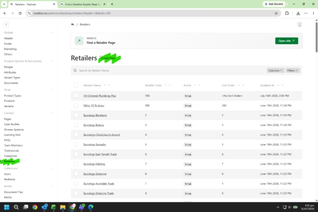 <h1>How to Upload Find a Retailer</h1><p></p><ol><li><p>Dashboard > Retailers</p></li><li><p>Create New</p></li></ol><p></p>