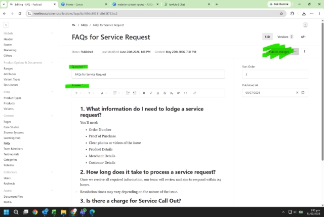 <h1>How to Upload FAQs</h1><p></p><ol start="2"><li><p>If you want to change the Question, type the new text.</p></li><li><p>If you want to change the Answer, type the new text.</p></li><li><p>Hit 'Publish Changes' button</p></li></ol><p>This is the exactly same process for all FAQs sections.</p>