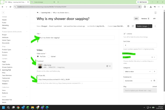<h1>How to Upload a Video</h1><p></p><p>Under the <strong>VIDEO </strong>Section</p><p></p><ol><li><p>Write Video Title</p></li><li><p>Add Thumbnail image (jpg is best) for the video</p></li><li><p>Add Youtube URL</p></li></ol><p>If not uploading a video that is on YouTube just click on upload and then upload the video from your driver.</p><p></p><ol start="4"><li><p>Click on the eye for PREVIEW before publishing it</p></li><li><p>Hit 'Publish changes'</p></li></ol><p></p>