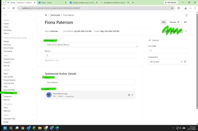 <h1>How to Upload Testimonials on the NL Website</h1><p></p><ol start="2"><li><p>Under <strong>Testimonial </strong>write the customer's words from Google Review.</p></li><li><p>Add the <strong>Rating</strong> they gave us on Google Review.</p></li><li><p>Add the Customer (Author) name</p></li><li><p>Add the Customer Avatar (the image they used on their Google Review Account</p></li><li><p>Hit the 'Publish Changes'</p></li></ol><p></p>
