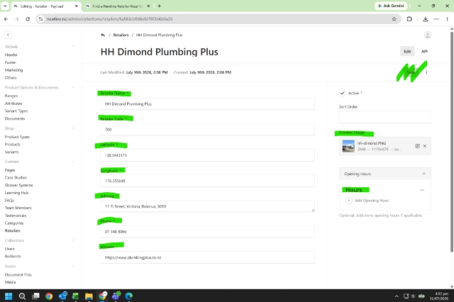 <h1>How to Upload Find a Retailer</h1><p></p><ol><li><p>Add the Retailer Name</p></li><li><p>Add the Retailer Code*</p></li></ol><p>The retailer code is an internal made-up number, but it must be the last number created, so for example if HH diamond was the last one added, then you need to add the next one to be 701. </p><p></p><ol start="3"><li><p>Add Latitude and Longitude (you can get these details from Google Maps)*</p></li></ol><p>*PS: if the Business is not listed on Google we are unable to upload them on our list. </p><p></p><ol start="4"><li><p>Add Address</p></li><li><p>Add Phone</p></li><li><p>Add Website</p></li><li><p>Add Image (get it from Google Maps)</p></li><li><p>Add Hours if you know them</p></li><li><p>Hit 'Save', and this will publish the retailer on our Find a Retailer Page</p></li></ol><p></p>