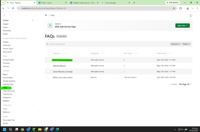 <h1>How to Upload FAQs</h1><p></p><ol><li><p>Dashboard > FAQs> FAQs for Service Request</p></li></ol><p><strong>UNDER NO CIRCUMSTANCES CHANGE THE SORT ORDER </strong>without approval from the Marketing Manager, as this affects the website design.</p>