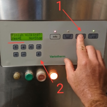 <p>End milking </p><p>Press <strong>Stop button</strong> </p><p>Press <strong>E Button</strong> to confirm </p>