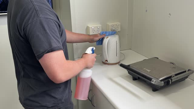 <p>Clean appliances and microwave with cloth and 2% Aceptol Solution.</p>