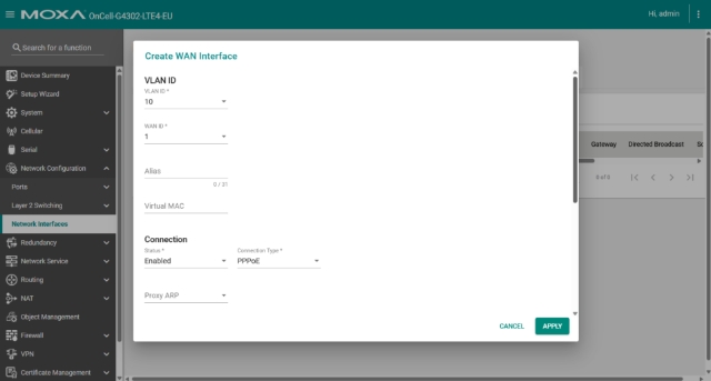 <p>Press the + and create a new WAN interface.<br><br>Assign the VLAN ID as the previously created VLAN and the Connection Type as PPPoE.</p>