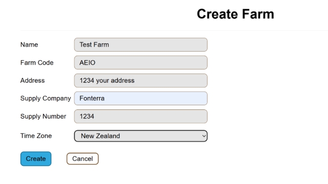 <h3><strong>Step 2: Enter Farm Details</strong></h3><ol><li><p>Fill out all the required fields on the <strong>Create Farm</strong> form.</p></li><li><p>Once all details are entered, click <strong>Create</strong> to save your new farm.</p></li></ol><p><strong>Tip:</strong> Double-check spelling and contact information to ensure accurate records.</p>