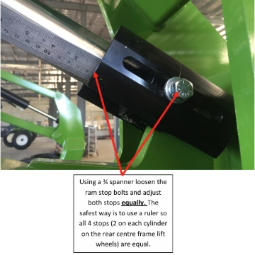 <h1>Setting Frame Operating Height</h1><p></p><p>Frame operating height is set by adjusting the ram stops located on the in-frame centre section cylinders. </p><p></p><p>Using a ¾ spanner, loosen ram stops and adjust all 4 stops (2 on each cylinder) to achieve the required under-bar operating height. These stops <strong>MUST be adjusted EVENLY</strong> and a preferred method is to check with a ruler. If they are not adjusted evenly the cylinder rod can become fatigued and break off. Once all stops are evenly adjusted, tighten the locating bolts. </p><p></p><p>The correct operating height is determined by the row unit that is fitted to the frame; refer to the row unit operating manual for instruction on frame height.</p>