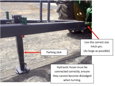 <h1>Hooking Up</h1><p></p><p>Ensure no-one is at risk of being crushed or trapped before commencing to hook up the machine to the tractor, use the mechanical parking jack stand to set the drawbar pull to the correct height before reversing.</p><p></p><p>Connect all hydraulic lines making sure all hydraulic fittings are clean prior to connection. All hydraulic dump lines are required to be connected correctly to avoid damage to the machine, row units or air seeder. BOSS dump lines are generally labelled however ensure you have an understanding of the machines operation and connect hydraulic lines accordingly.</p><p></p><p>Connect electrical wiring harnesses (if applicable).</p><p></p><p>The main hitch pin should be the correct size for both the machine and the tractor (use as large a pin as possible) the pin should be undamaged and in good condition.</p><p></p><p>Once the tractor and machine are connected remove the parking jack and place in the storage position.</p>