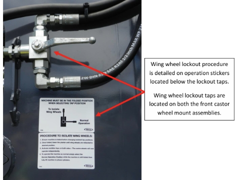 <h1>Outer Wing Wheel Lockout Operation</h1><p></p><p>Bridge Frames are fitted with outer wing wheel lockout taps to reduce the overall height or width of frames by isolating the outer frame wheels so they will remain retracted whilst still having the ability to operate the centre section wheels up or down. </p><p></p><p>To lockout wing wheels simply fold the machine, then lower the frame to retract wing wheels, when the wing wheels have retracted to your desired position turn both taps (one on each front castor mount)to the isolate wing wheels position. You can now operate the centre wheels independently. Wing wheel lockout taps are located on the two front castor arm mounts & must be both activated together. </p><p></p><p>To operate the machine as normal simply select the normal operation position on both taps (whilst machine is still folded). The machine must now be re phased; to phase the cylinders, fully raise the frame and hold levers on momentarily then lower slightly & repeat to allow the oil to fill lines and cylinders completely to ensure phasing poppets are correctly seated.</p>