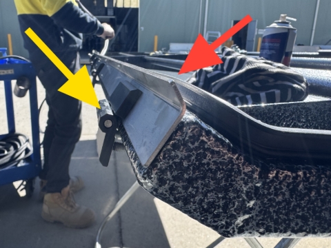 <p>Red: the trip rail lip should face up like this. </p><p>Yellow: the hinge should be positioned like this</p>