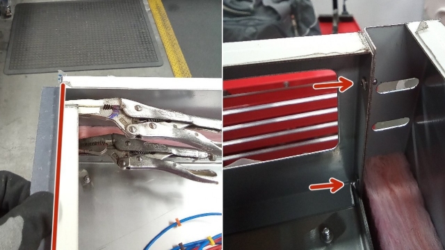 <ol><li>Clamp the top panel in place. So the panel sits level in front, and the pre-drilled mounting hole lines up.</li><li>Rivet (Part 22202) the top panel. </li></ol>