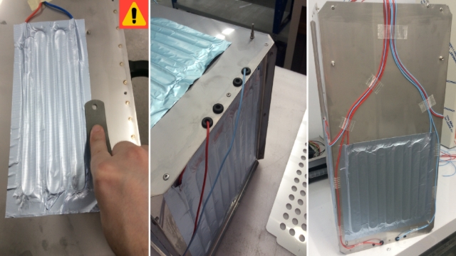 <h1>Heater Pads</h1><p>Follow the heater pad diagram for the specific incubator. </p><p>Stick the heater pads onto the stainless inner liner.<br></p><blockquote><p><span>⚠ Careful not to cover the porthole with the heater pad<br></span></p></blockquote><ul><li><span>Use filament tape to secure the wires to the body. Run the heater pad wires along the back of the inner liner. Meeting in the middle under the electrical board mounting location. </span></li><li><span>For the bottom heater pad, run the wires through the rubber grommets supplied in the parts basket. </span></li></ul>
