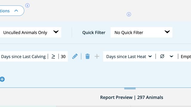 <p>The report automatically generates.
Here we have a list of 297 cows that have calved 30 days or more and not had a heat.</p>