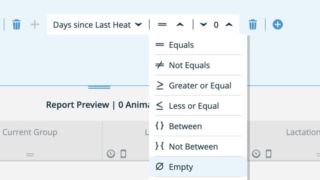 <p>We are filtering out any cow that has cycled here.
So we choose:
Days since last heat.
And empty ( no value )</p>