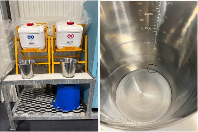 <p><strong>Handling Chemicals</strong></p><p><strong><em>(PPE Chemical gloves & safety glasses required)</em></strong></p><p></p><ul><li><p>Pour the<strong> ALLEGRO </strong>into the jug and fill to the first line as shown in the photo.</p></li><li><p>Pour the <strong>PERCITRA </strong>into the other jug to the first line as shown in the photo.</p></li><li><p>Make sure both lids are secure on each chemical container and head back over to the magnum line with both jugs.</p></li></ul><p></p>