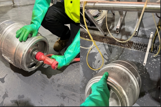 <p><strong><em>(PPE Chemical gloves & safety glasses required)</em></strong></p><p></p><ul><li><p>Rinse out <strong>CIP KEG </strong>with hose for approximately 10 seconds.</p></li><li><p>Tip <strong>CIP KEG </strong>upside down over the drain to remove any soap that may still be in the <strong>CIP KEG.</strong></p></li><li><p>Repeat this step until all soap has been cleaned out from the <strong>CIP KEG</strong> and you start to only see clear water come out.</p></li></ul><p></p>