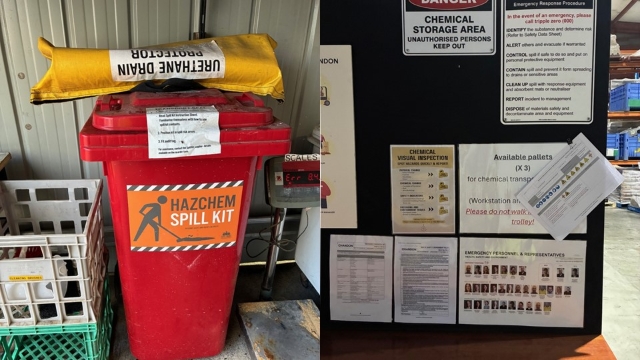 <p><strong>Chemical Emergency Response:</strong></p><ul><li><p><strong>Spill Kits:</strong> Verify kits are available and fully stocked/maintained.</p></li><li><p><strong>Signage: </strong>Clear signage, including spill response procedure and emergency contacts available.</p></li><li><p><strong>Observing Chemicals:</strong> Look for changes - colour, corrosion/rust on packaging, container swelling/hot.</p></li></ul><blockquote style="background-color: var(--k-quote-bg-error);"><p><strong>NOTE: </strong>Immediately report observable chemical changes to your manager - do not handle.</p></blockquote><p></p>