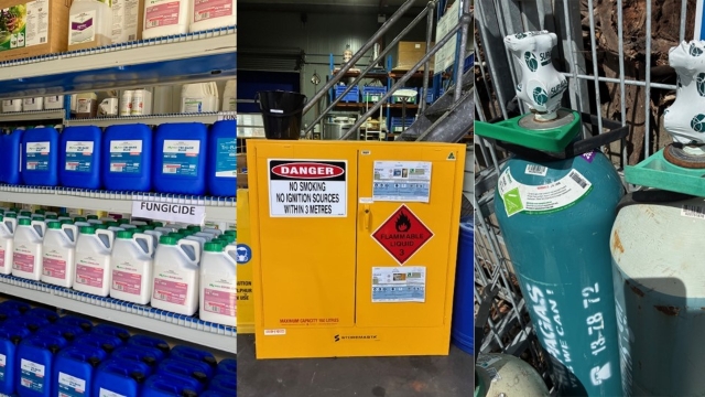 <p><strong>Chemical Storage:</strong></p><ul><li><p><strong>Segregation:</strong> Verify incompatible chemicals are stored separately (e.g., acids from bases, flammables from oxidizers). <em>Refer to Segregation Chart.</em></p></li><li><p><strong>Containment/Bunding:</strong> Check bunding in place to prevent liquids from spilling.</p></li><li><p><strong>Flammables, Corrosives, Toxics:</strong> Check stored in appropriate cabinet (toxics must be secured/locked).</p></li><li><p><strong>Ventilation:</strong> Assess if storage areas are ventilated.</p></li><li><p><strong>Gas Cylinders:</strong> Ensure cylinders are secured, undamaged, within test dates.</p></li></ul><p></p>
