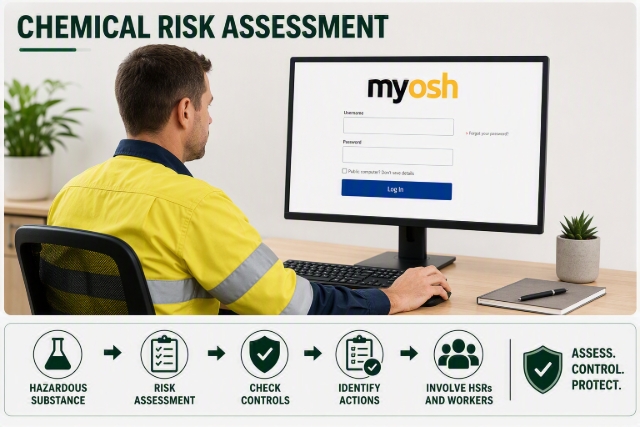 <p>Complete a chemical risk assessment before introducing a hazardous substance and whenever an incident or change occurs (e.g. storage or process changes). Assess potential risks to worker health and the environment, verify existing controls are effective, and identify any additional controls required. Consult with HSRs and workers familiar with the task or process.</p>