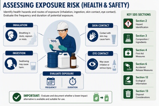 <p>Identify health hazards and potential routes of exposure. Consider how often the chemical is used, how long workers are exposed, the quantity used, who may be exposed and how exposure may occur (inhalation, ingestion, skin, eyes).</p>